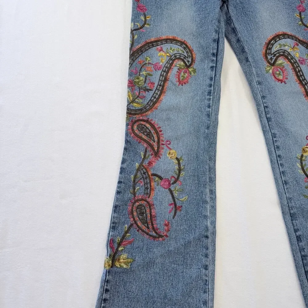 Willi Smith Jeans Womens 4 Paisley Floral Embroidered Bootcut Y2K Boho Acid Wash